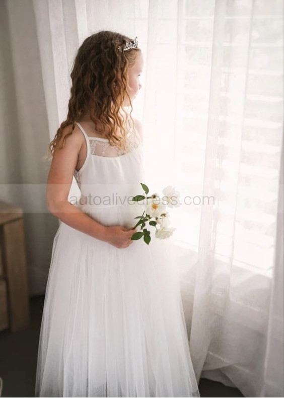 Ivory Lace Tulle Tie Back Flower Girl Dress